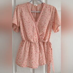 Sienna Sky Pink Ditsy Floral Wrap Blouse Flutter Sleeve Tie Waist Boho Size S